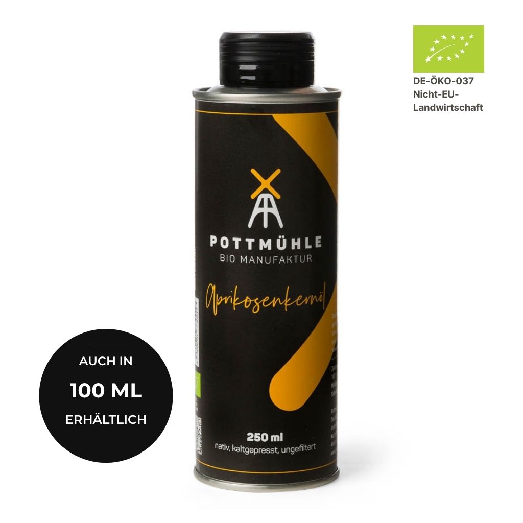 Bio Aprikosenkern kaufen 250 ml – kaltgepresst ungefiltert aus der Pottmühle, auch in 100 ml erhältlich