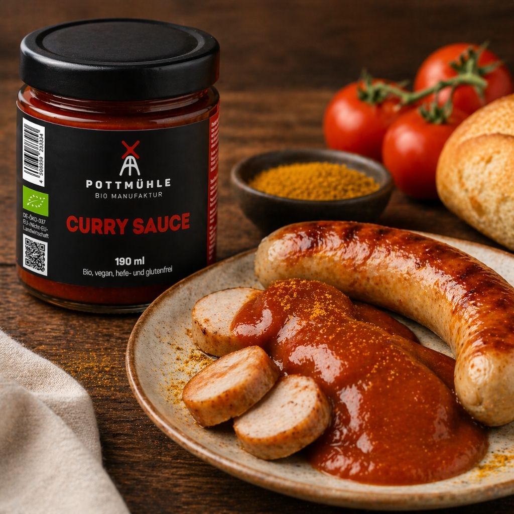 Pottmühle Bio Curry Sauce mit Bratwurst geschnitten auf Teller