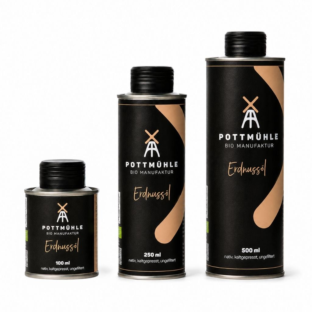Bio Erdnussöl kaufen in den Größen 100 ml + 250 ml + 500 ml kaltgepresst und ungefiltert aus der Pottmühle