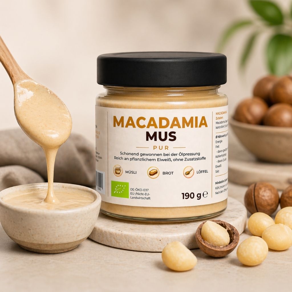 Pottmühle Bio Macadamianussmus im Glas 190 g mit Macadamianüssen und Mus in Schale