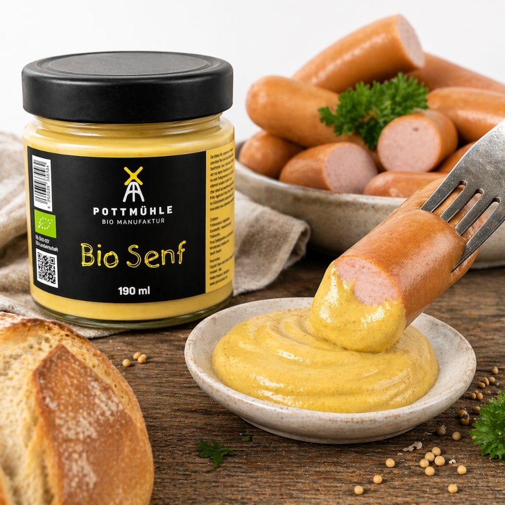 Pottmühle Bio Senf im Glas 190ml mit Bockwurst gedippt und Senf in Schale