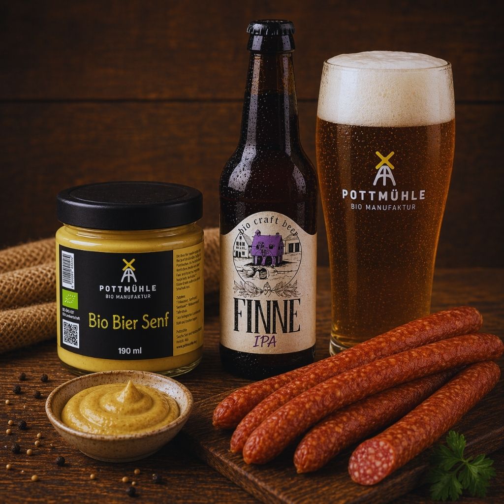 Pottmühle Bio Senf im Glas 190 ml mit Mettwurst und Finne IPA Bier im Glas