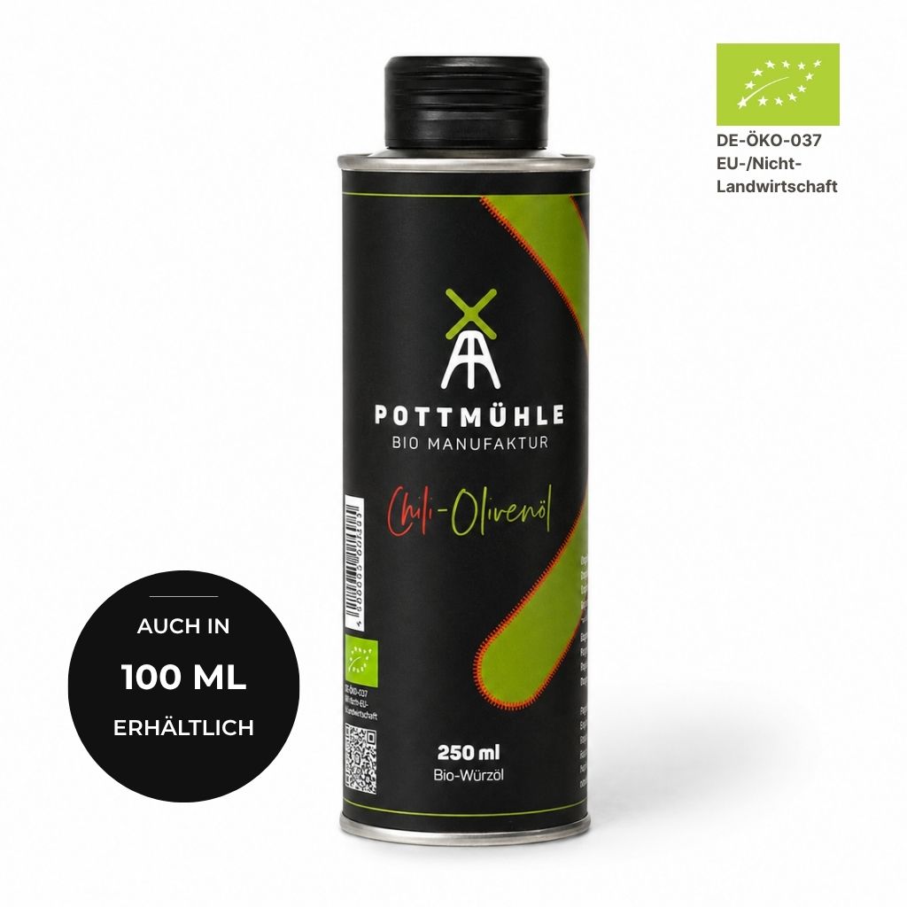 Bio Chili Olivenöl kaufen 250 ml – kaltgepresst ungefiltert aus der Pottmühle, auch in 100 ml erhältlich