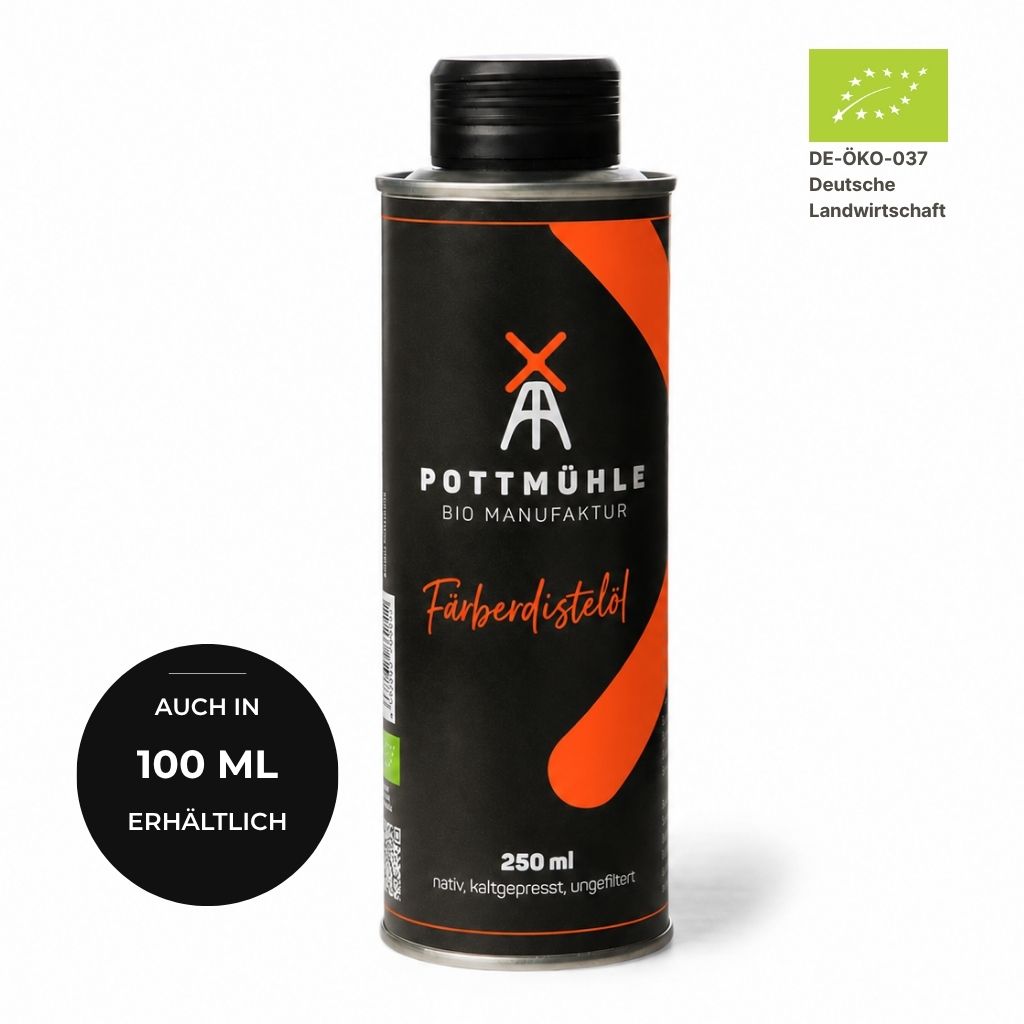 Bio Färberdistelöl kaufen 250 ml – kaltgepresst ungefiltert aus der Pottmühle, auch in 100 ml erhältlich