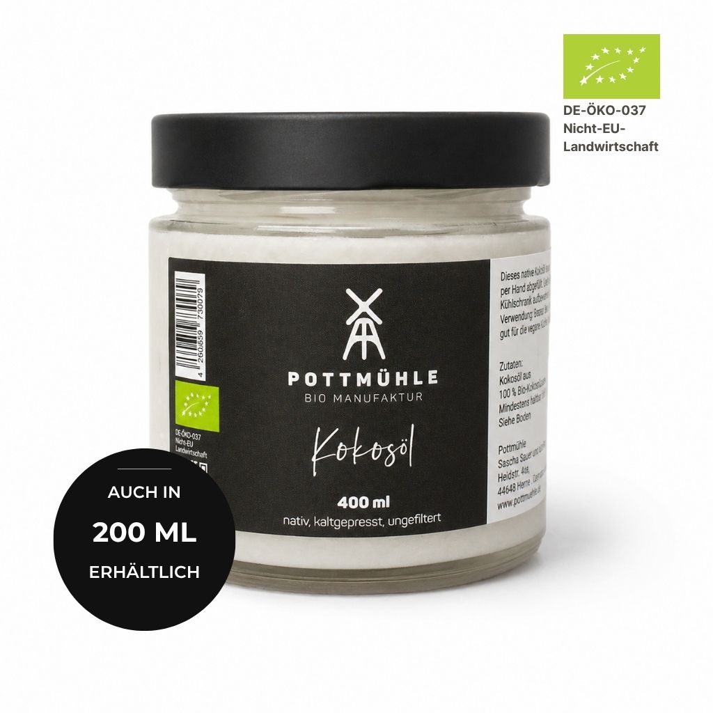 Bio Kokosöl kaufen 400 ml – kaltgepresst ungefiltert aus der Pottmühle, auch in 200 ml erhältlich