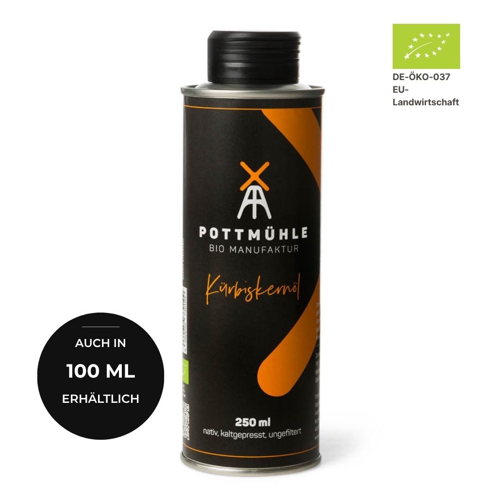 Bio Kürbiskernöl kaufen 250 ml – kaltgepresst ungefiltert aus der Pottmühle, auch in 100 ml erhältlich