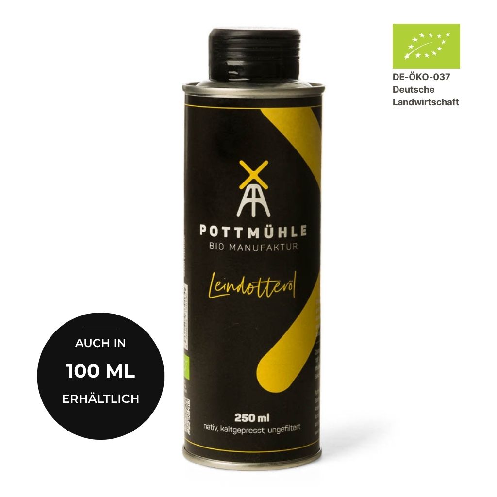 Bio Leindotteröl kaufen 250 ml – kaltgepresst ungefiltert aus der Pottmühle, auch in 100 ml erhältlich