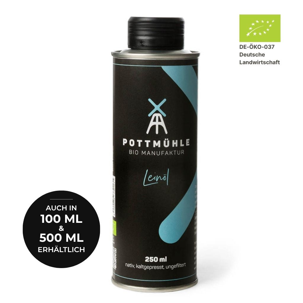 Bio Leinöl kaufen 250 ml – kaltgepresst ungefiltert aus der Pottmühle, auch in 100 ml und 500 ml erhältlich