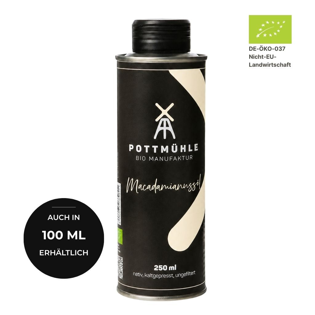 Bio Macadamianussöl kaufen 250 ml – kaltgepresst ungefiltert aus der Pottmühle, auch in 100 ml erhältlich