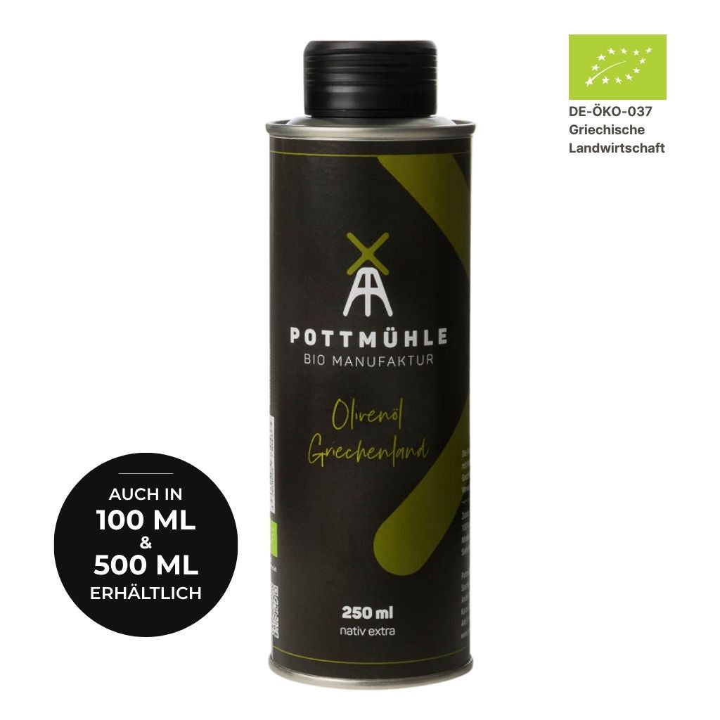 Bio Olivenöl kaufen 250 ml – kaltgepresst ungefiltert aus der Pottmühle, auch in 100 ml und 500 ml erhältlich