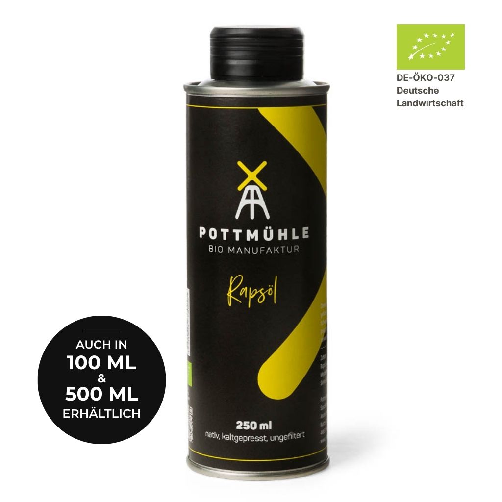 Bio Rapsöl kaufen 250 ml – kaltgepresst ungefiltert aus der Pottmühle, auch in 100 ml und 500 ml erhältlich