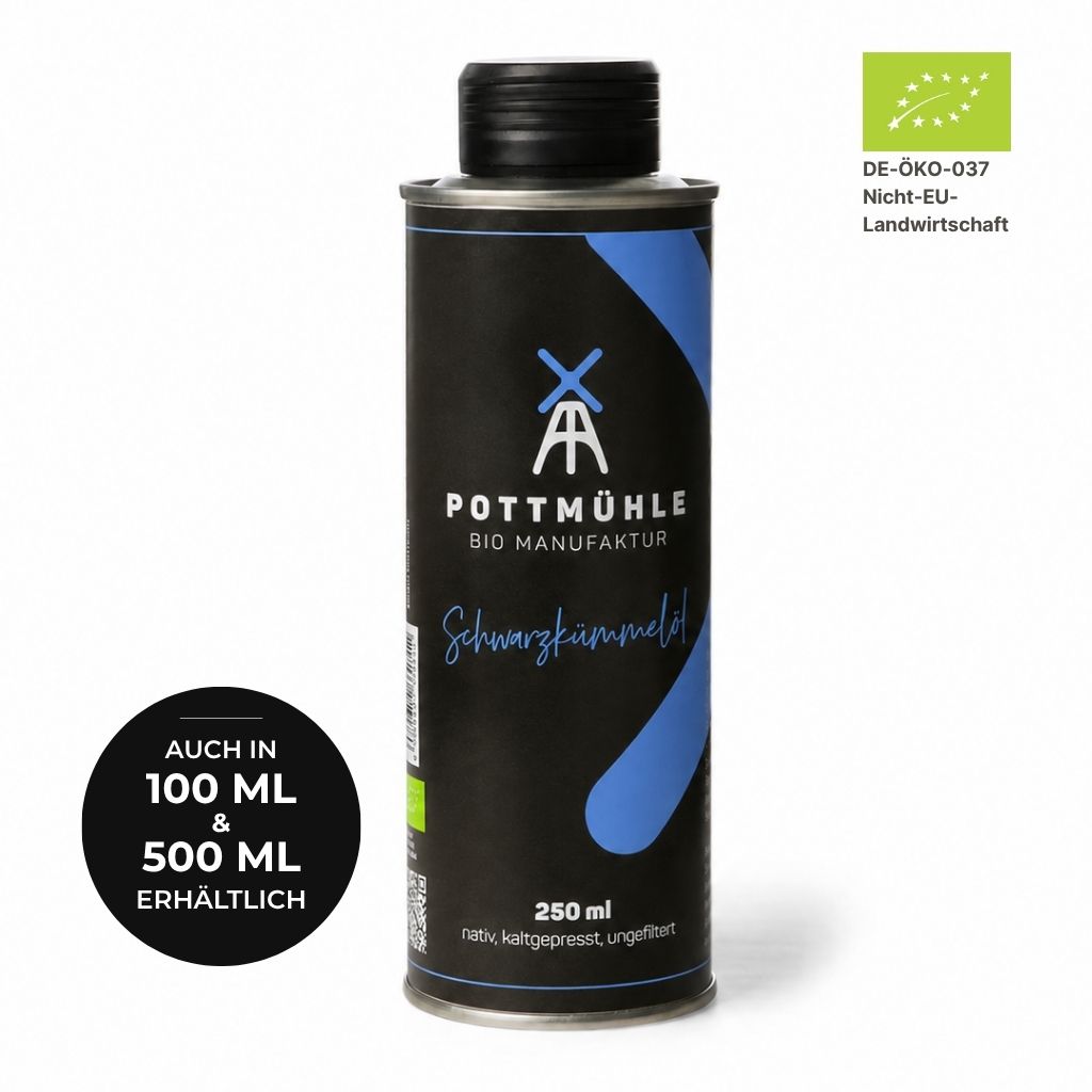Bio Schwarzkümmelöl kaufen 250 ml – kaltgepresst ungefiltert aus der Pottmühle, auch in 100 ml und 500 ml erhältlich