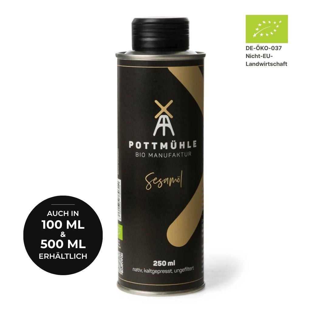 Bio Sesamöl kaufen 250 ml – kaltgepresst ungefiltert aus der Pottmühle, auch in 100 ml und 500 ml erhältlich