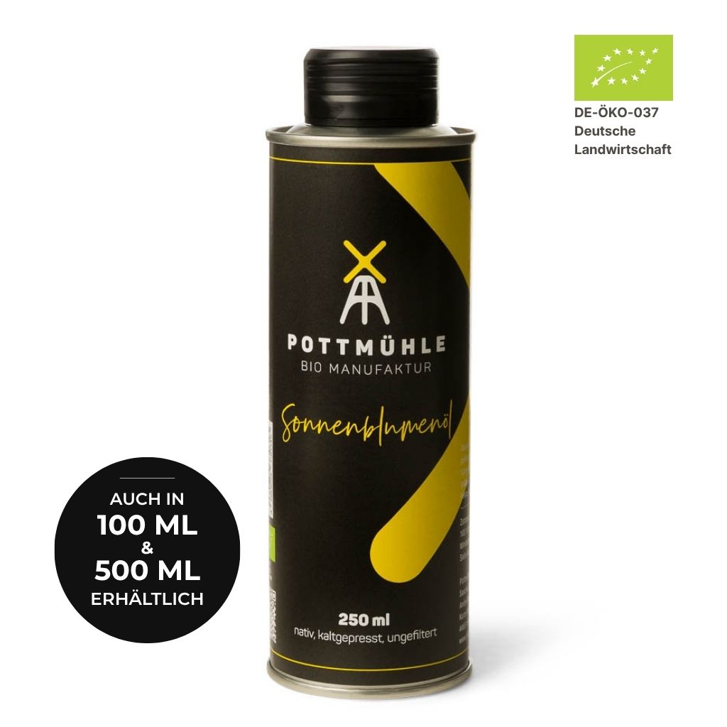 Bio Sonnenblumenöl kaufen 250 ml – kaltgepresst ungefiltert aus der Pottmühle, auch in 100 ml und 500 ml erhältlich