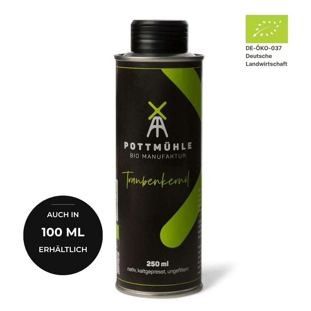 Bio Traubenkernöl kaufen 250 ml – kaltgepresst ungefiltert aus der Pottmühle, auch in 100 ml erhältlich