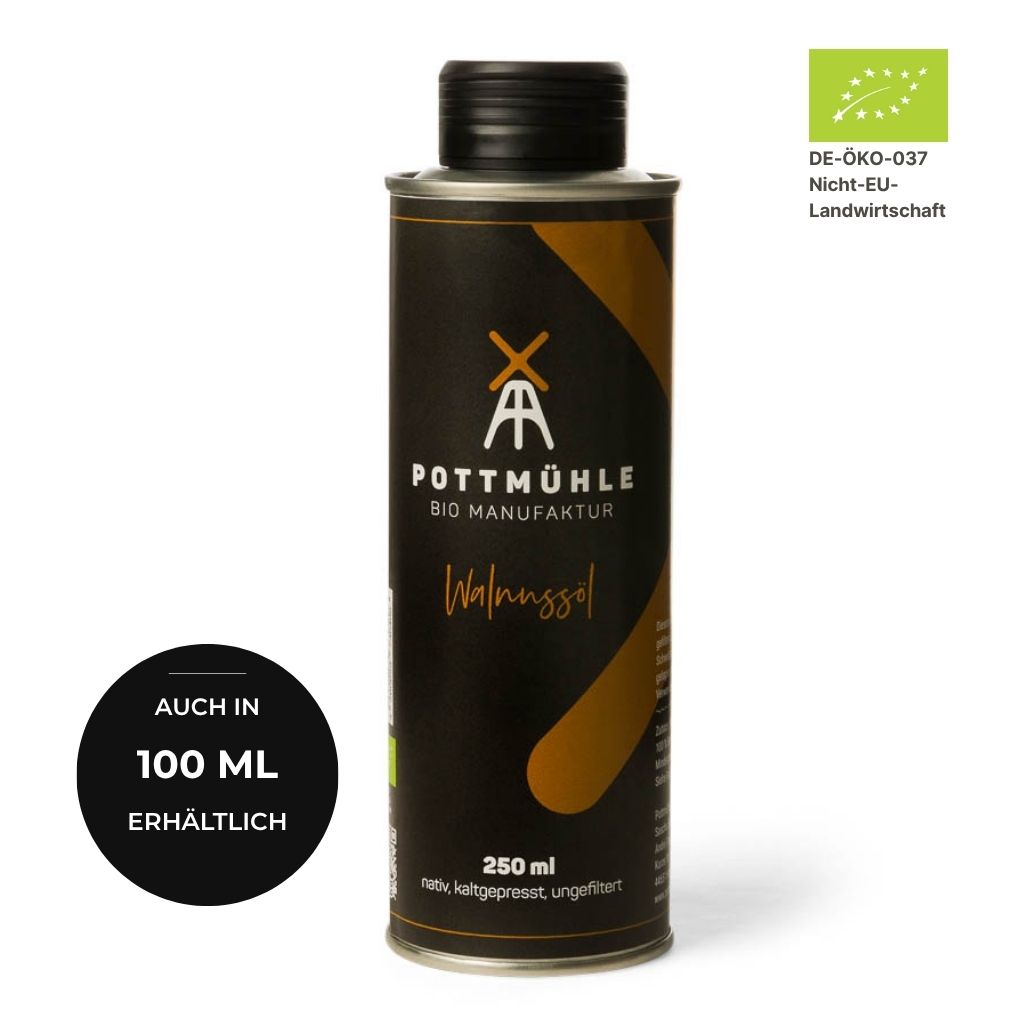 Bio Walnussöl kaufen 250 ml – kaltgepresst ungefiltert aus der Pottmühle, auch in 100 ml erhältlich
