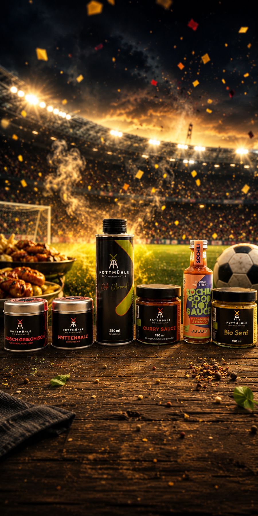 Bio-Gewürze, Chili-Olivenöl, Curry-Sauce und Bio-Senf der Pottmühle – handgemachte Bio-Feinkost für Grillen, Burger und Fußballabende.