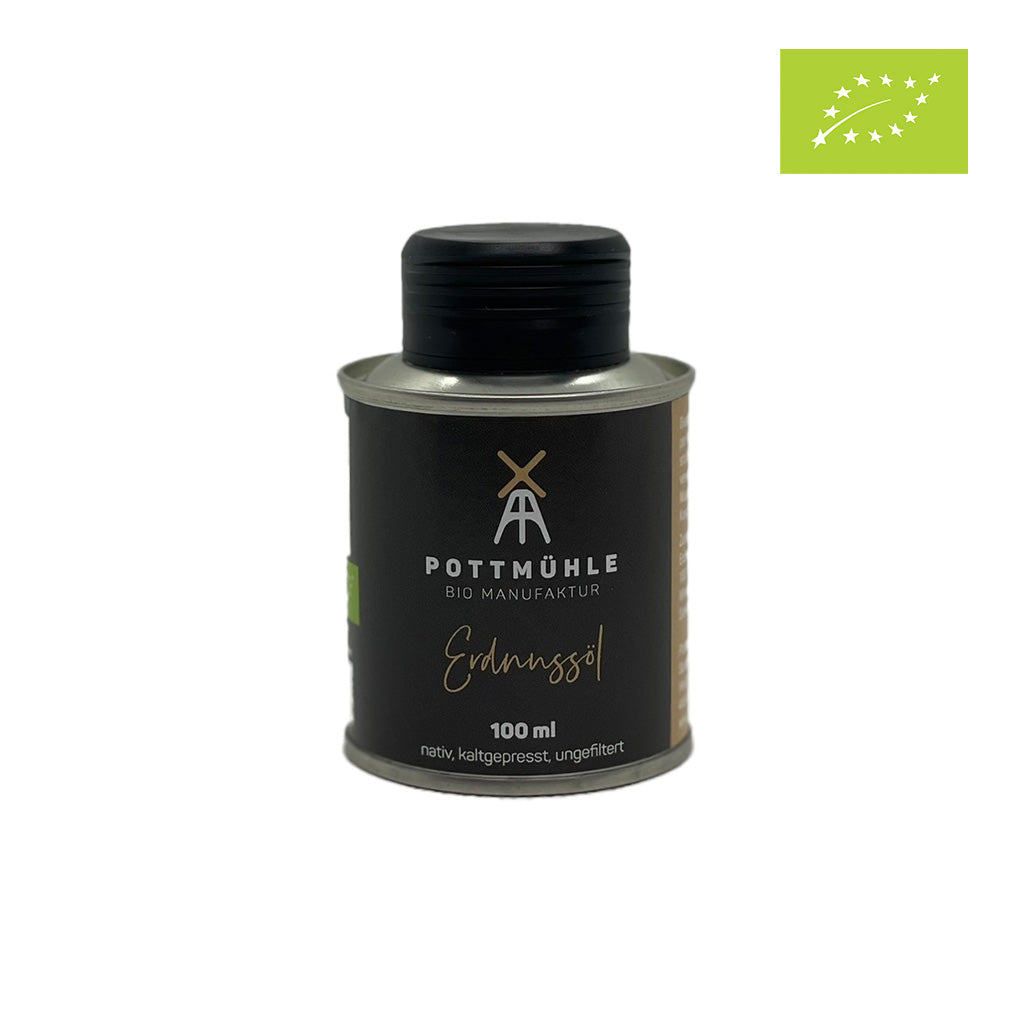 Pottmühle - Kaltgepresstes Erdnussöl - bio, nativ, ungefiltert 100 ml mit EU-Bio Logo 1024x1024