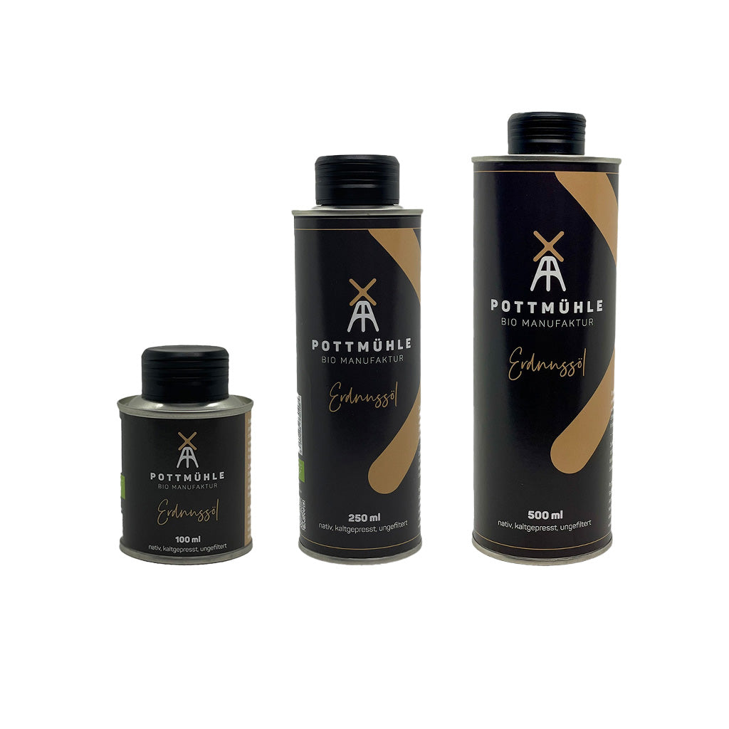Pottmühle - Kaltgepresstes Erdnussöl - bio, nativ, ungefiltert 100 ml + 250 ml + 500 ml 1024x1024