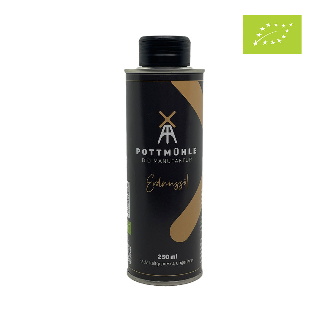 Pottmühle - Kaltgepresstes Erdnussöl - bio, nativ, ungefiltert 250 ml mit EU-Bio Logo 1024x1024
