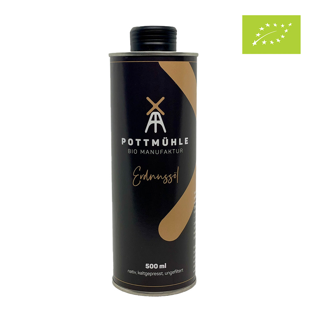 Pottmühle - Kaltgepresstes Erdnussöl - bio, nativ, ungefiltert 500 ml mit EU-Bio Logo 1024x1024