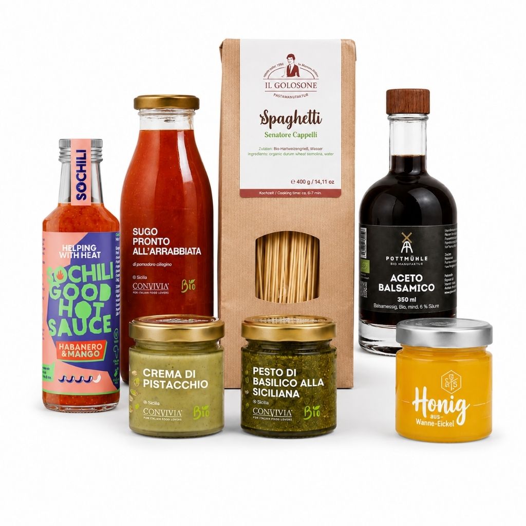 Bio Feinkost aus der Pottmühle – Chilisauce, Pasta, Kirschtomatensauce, Balsamessig, Pistazienaufstrich, Pesto und Honig