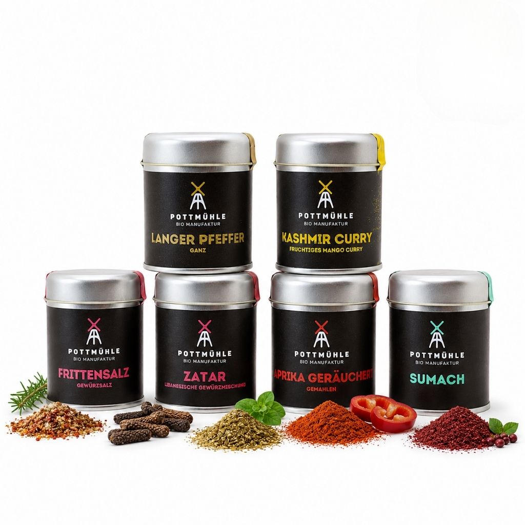 Bio Gewürze und Gewürzmischungen aus der Pottmühle – Langer Pfeffer, Kashmir Curry, Frittensalz, Zatar, Paprika geräuchert und Sumach