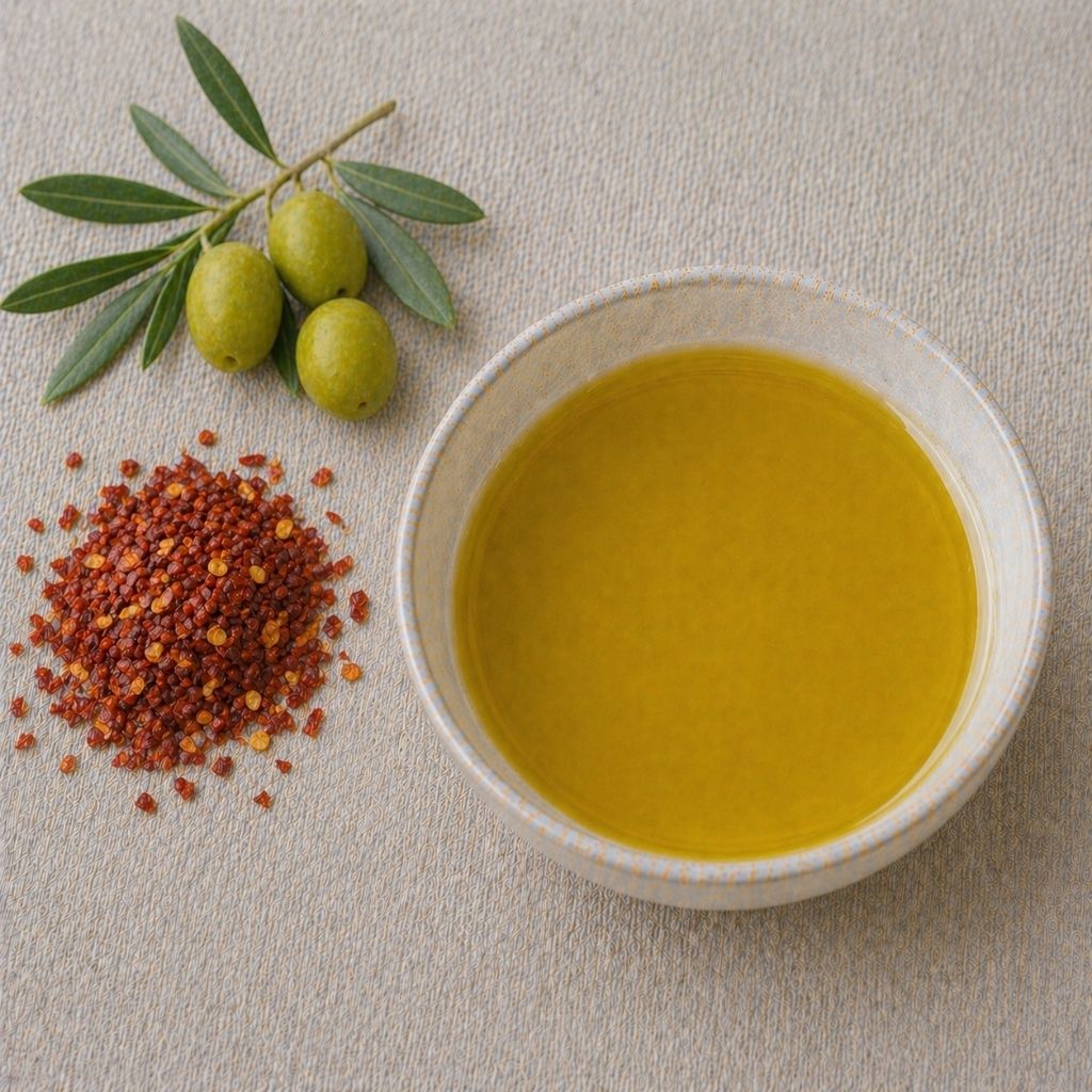 Pottmühle Bio Chili Olivenöl in Schale – nativ extra Olivenöl und Chili kaltgepresst und mazeriert, ungefiltert, scharfer Geschmack für Küche und Salate mit Oliven und Chiliflocken