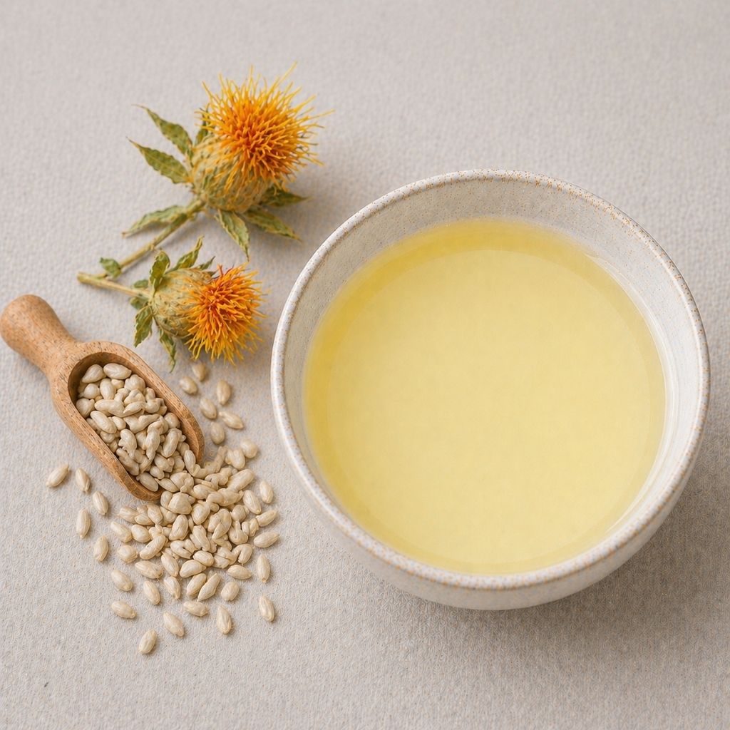 Pottmühle Bio Färberdistelöl in Schale – kaltgepresst, ungefiltert, nussiger Geschmack für Küche und Salate mit Distelsamen und Distelblüten