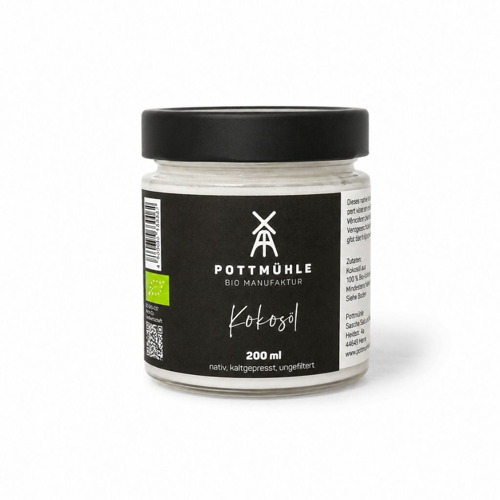 Pottmühle Bio Kokosöl im Glas, 200 ml – natives Bio-Kokosöl im hochwertigen Glas mit schwarzem Deckel, schonend verarbeitet, ideal zum Kochen, Backen und für die asiatische Küche