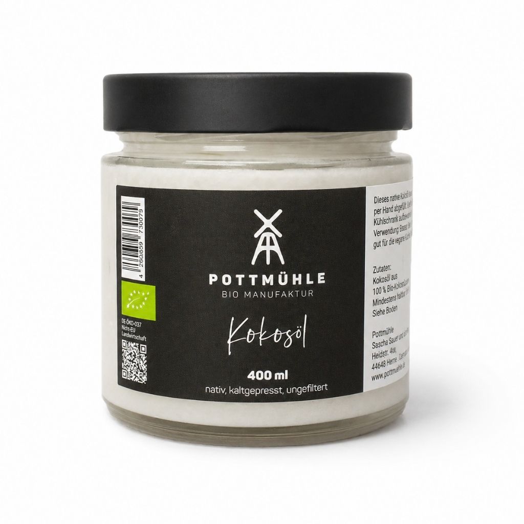Pottmühle Bio Kokosöl im Glas, 400 ml – natives Bio-Kokosöl im hochwertigen Glas mit schwarzem Deckel, schonend verarbeitet, ideal zum Kochen, Backen und für die asiatische Küche