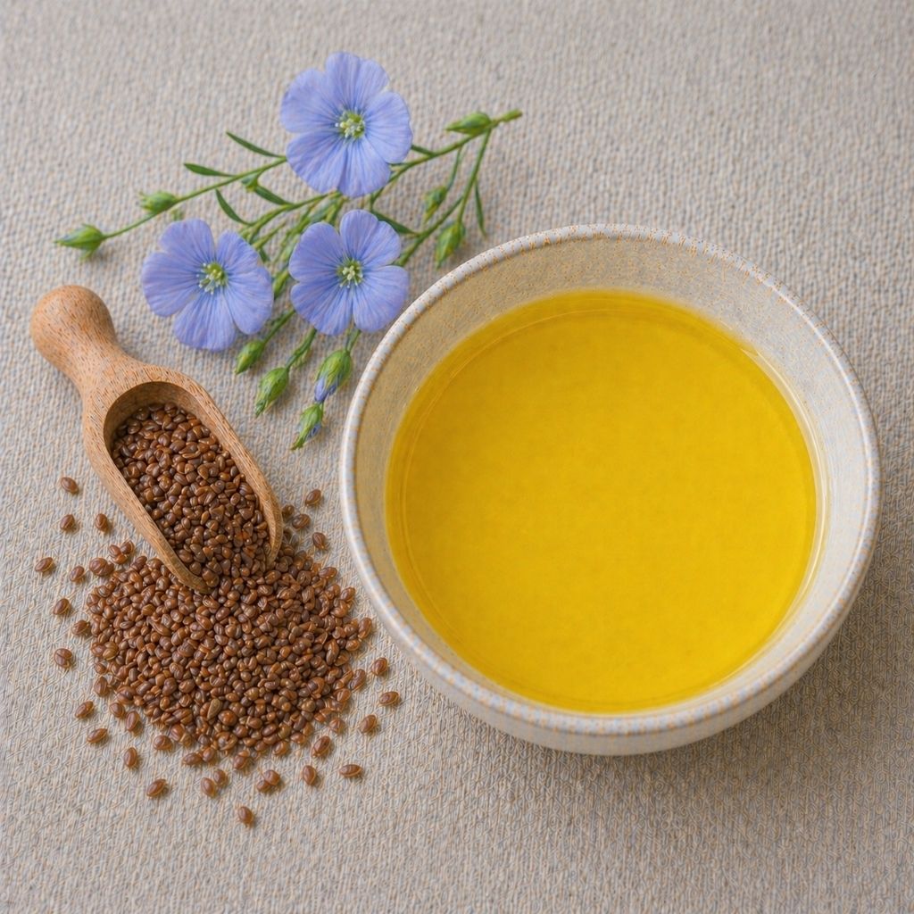 Pottmühle Bio Leinöl in Schale – kaltgepresst, ungefiltert, nussiger Geschmack für Küche und Salate mit Leinsamen und Leinblüten