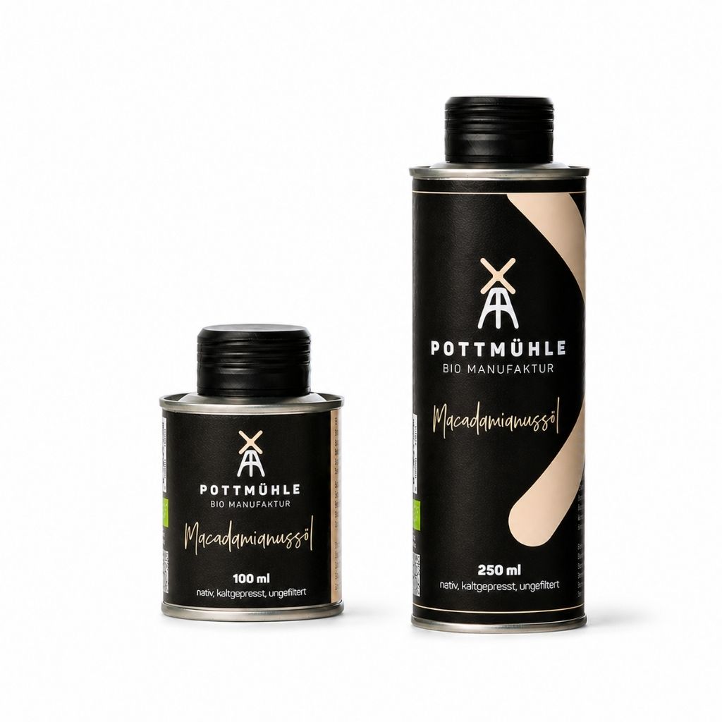 Bio Macadamianussöl kaufen in den Größen 100 ml + 250 ml kaltgepresst und ungefiltert aus der Pottmühle