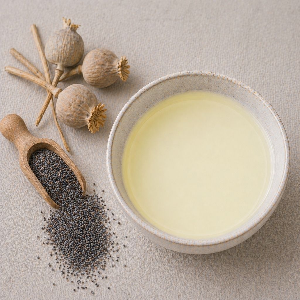 Pottmühle Bio Mohnöl in Schale – kaltgepresst, ungefiltert, nussiger Geschmack für Küche, Desserts und Salate mit Mohnsaat und Mohnkapseln