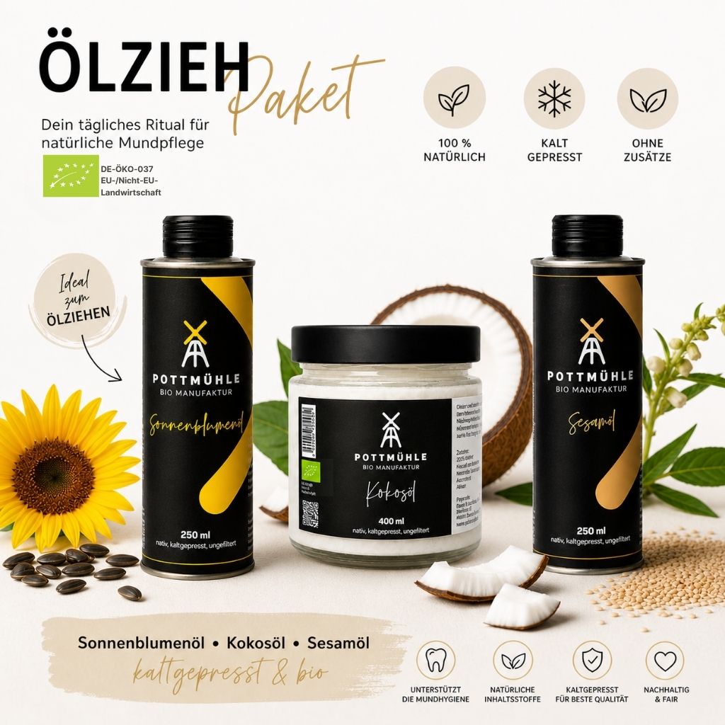 Pottmühle Bio Ölzieh Paket mit Sonnenblumenöl, Kokosöl und Sesamöl – kaltgepresste Bio-Öle für natürliches Ölziehen und Mundpflege