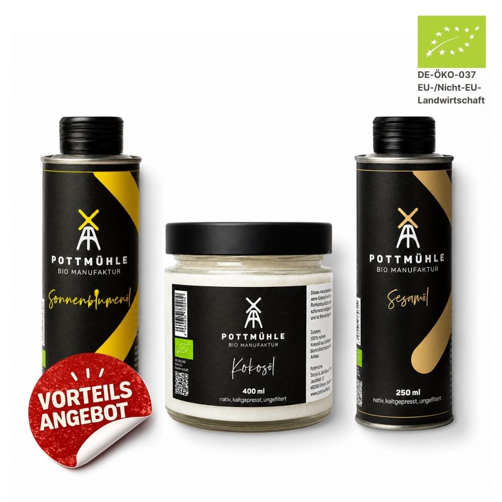 Pottmühle Bio Ölzieh Vorteilspaket mit Sonnenblumenöl, Kokosöl und Sesamöl – kaltgepresste Bio-Öle mit Bio-Siegel für tägliches Ölziehen und natürliche Mundpflege