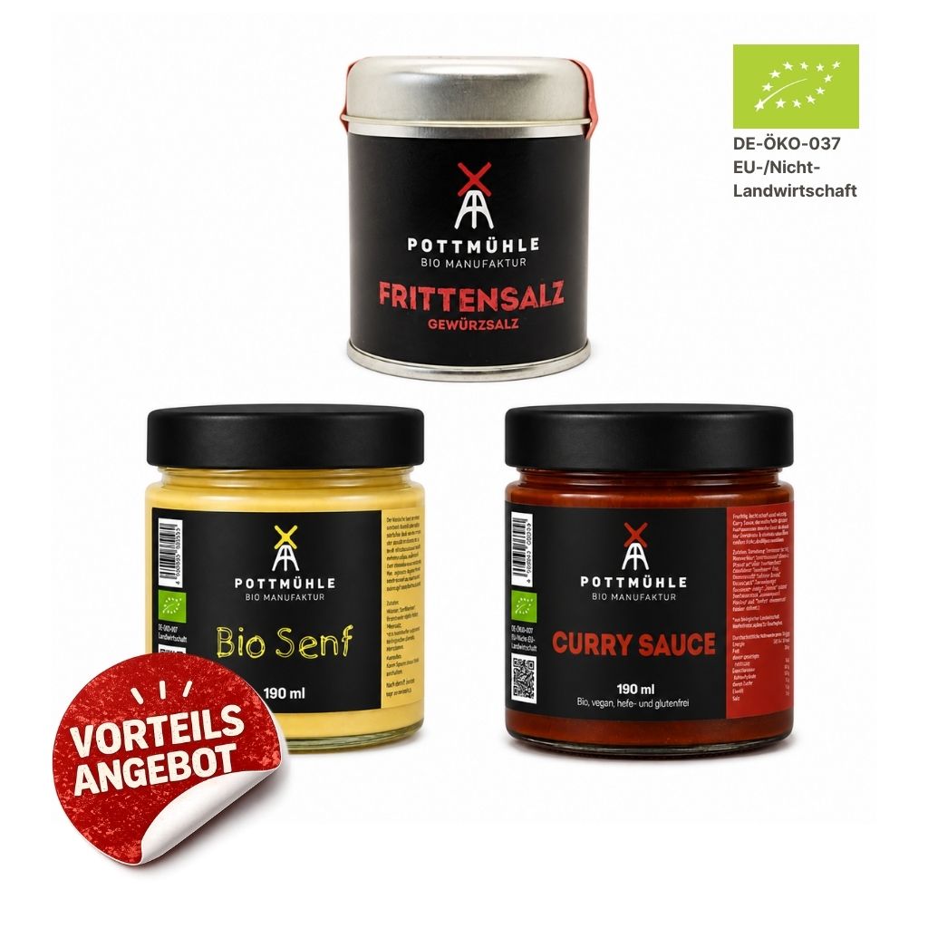 ottmühle Bio Ölzieh Vorteilspaket mit Bio Senf, Bio Curry Sauce und Bio Frittensalz Currywurst und Pommes