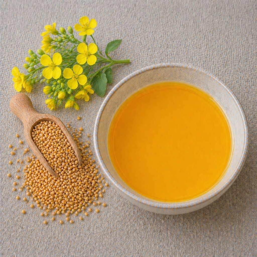 Pottmühle Bio Senföl in Schale – kaltgepresst, ungefiltert, mild würziger Geschmack für Küche und Salate mit gelber Senfsaat