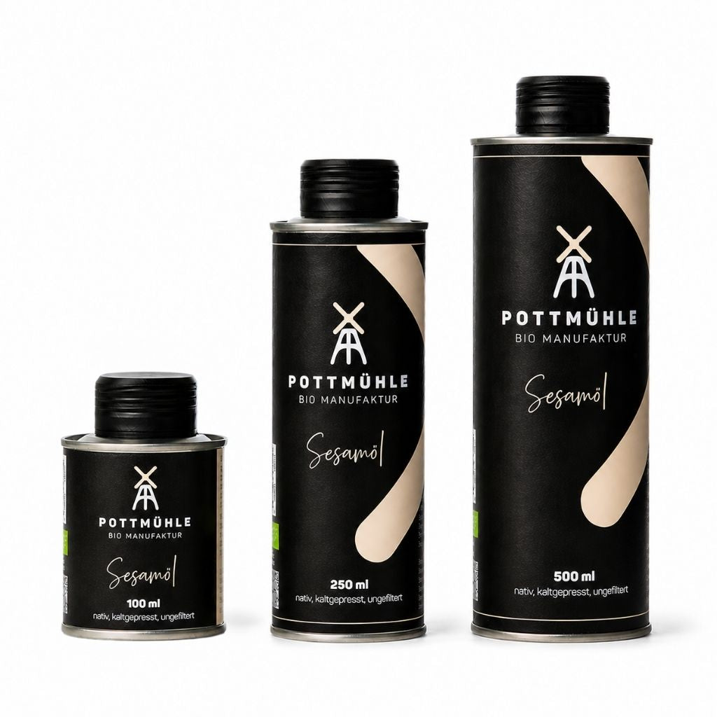 Bio Sesamöl kaufen in den Größen 100 ml + 250 ml + 500 ml kaltgepresst und ungefiltert aus der Pottmühle