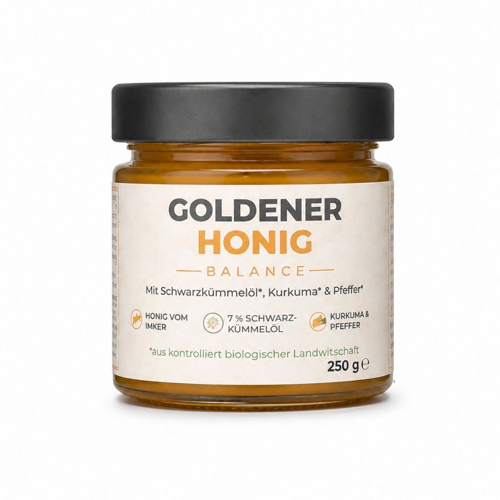 Pottmühle Goldener Honig Balance 250 g mit Schwarzkümmelöl, Kurkuma und Pfeffer – cremiger Honig vom Imker für dein tägliches Morgenritual