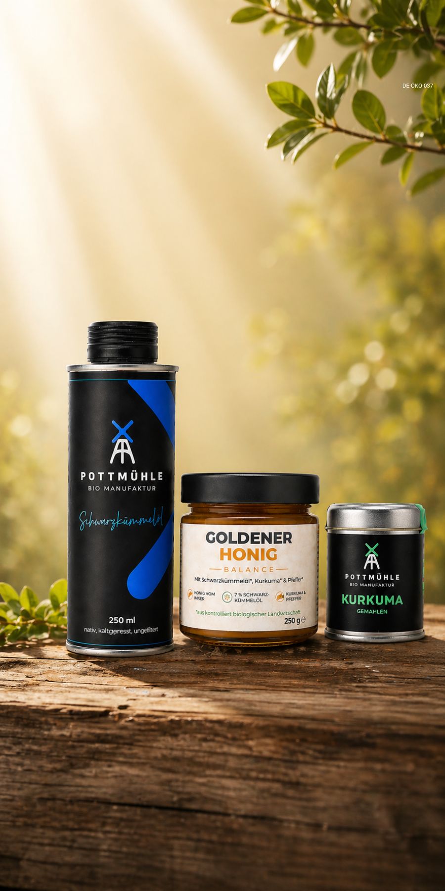 Goldener Morgen Bundle von Pottmühle mit Goldenem Honig, Schwarzkümmelöl und Kurkuma als vertikales Hero Banner für den Onlineshop – tägliches Morgenritual mit Bundle-Vorteil