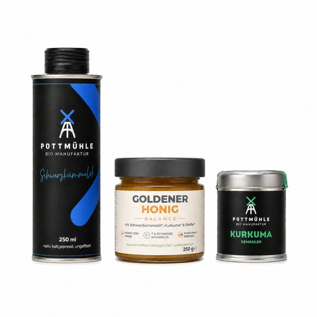 Goldener Morgen Bundle von Pottmühle mit Bio Schwarzkümmelöl 250 ml, Goldener Honig und Kurkuma – perfekt für dein tägliches Morgenritual