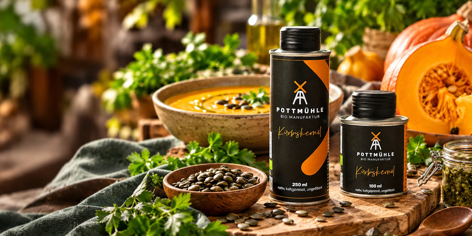 Bio-Kürbiskernöl der Pottmühle aus Herne in 100 ml und 250 ml, umgeben von Kürbissuppe, Kürbiskernen und frischen herbstlichen Zutaten.