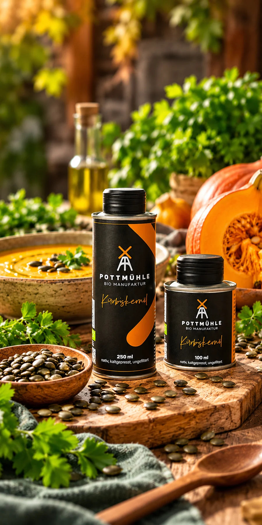 Kaltgepresstes Bio-Kürbiskernöl der Pottmühle in zwei Größen, dekoriert mit Kürbis, Kürbissuppe, Kürbiskernen und frischen Kräutern.